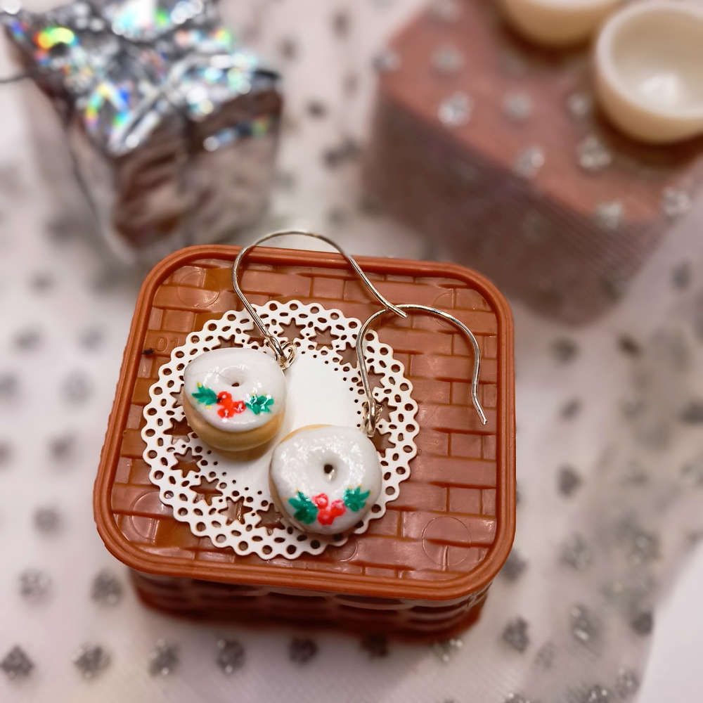 Hand Painted Holly Doughnut Earrings